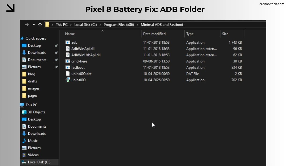 The inside of the Minimal ADB and Fastboot installation folder on Windows, ready to launch a specialized command prompt