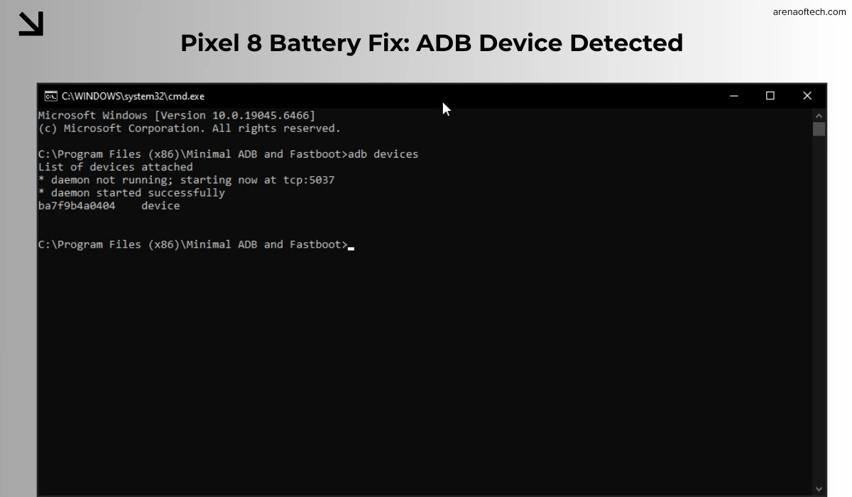 A successful 'adb devices' handshake on a Windows command prompt, showing the connected Pixel 8 serial number