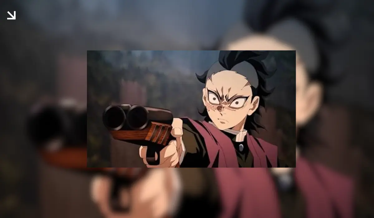 A close-up of Genya Shinazugawa aiming his specialized Nichirin shotgun, showing off the unique tactical gear used by the only non-breathing slayer.