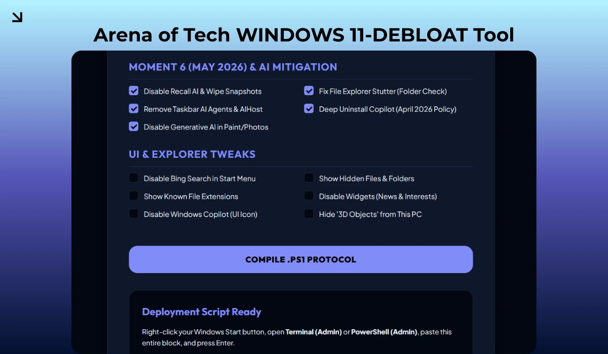 A photo showing WIN-DEBLOAT tool in arenaoftech which can debloat windows 11 and fix Moment 6 update