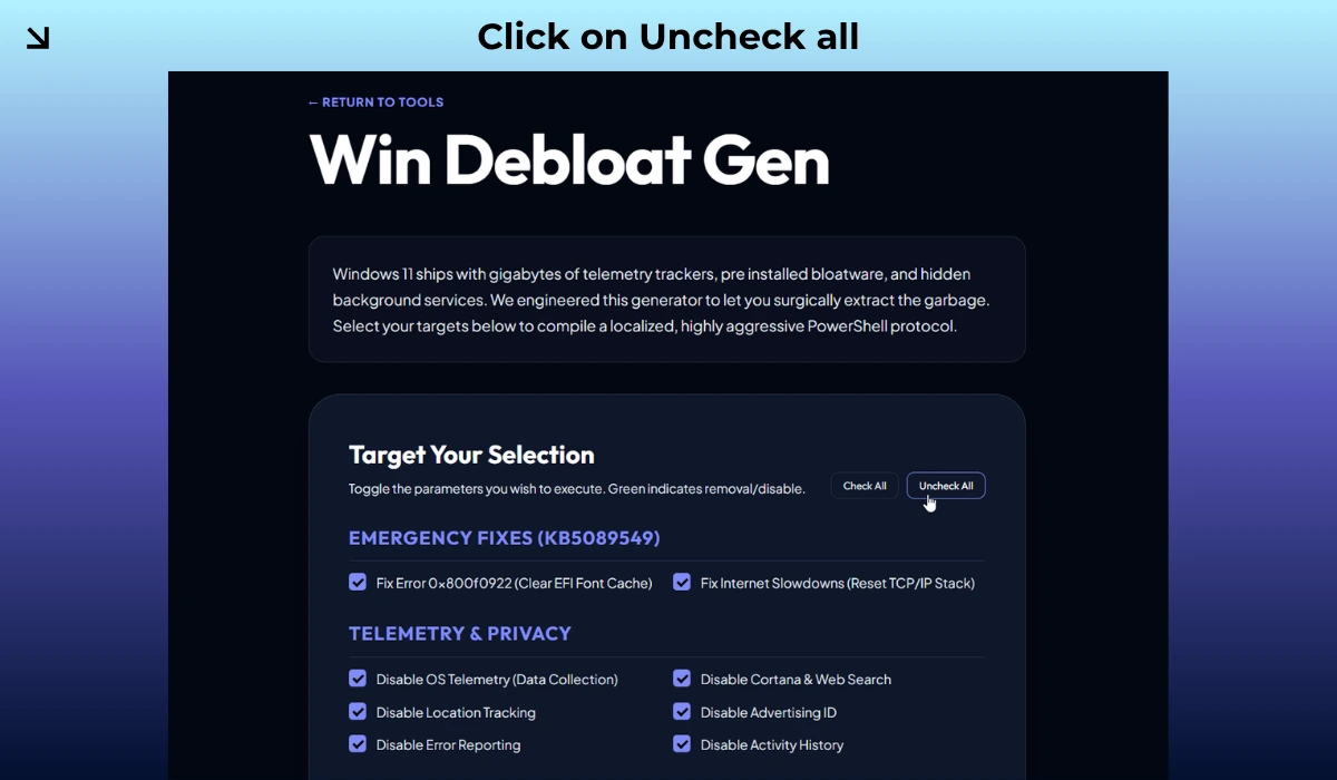 Win-Debloater tool open and showing all its functions