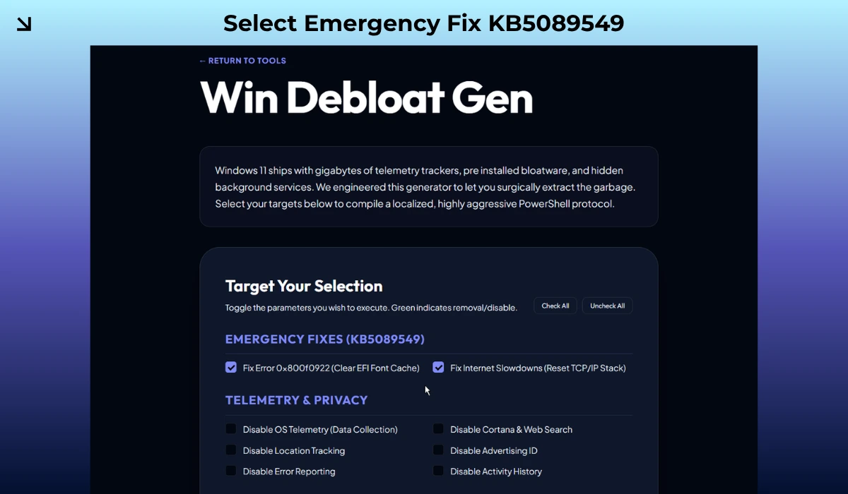 uncheck everything in win-debloat and check the required functions.