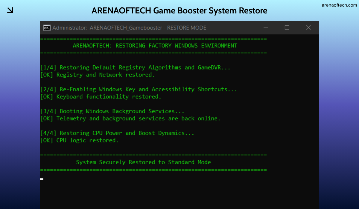 ARENAOFTECH Game Booster OFF script restoring factory Windows settings