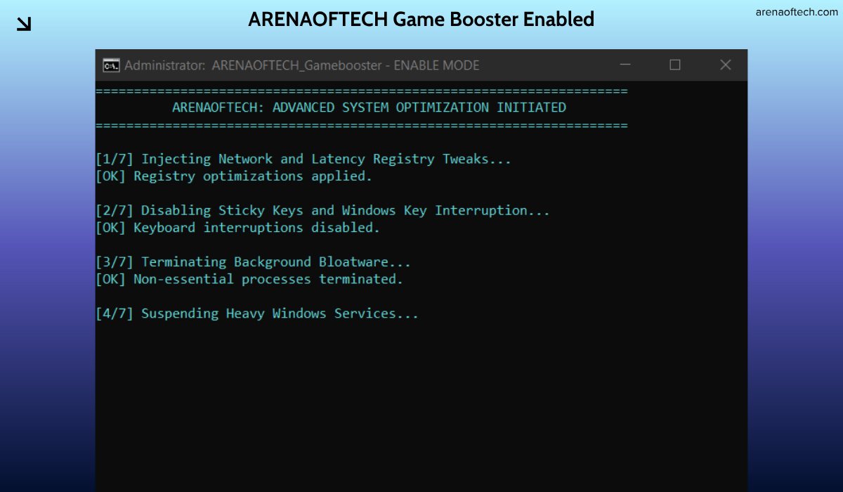 ARENAOFTECH Game Booster ON script executing in command prompt